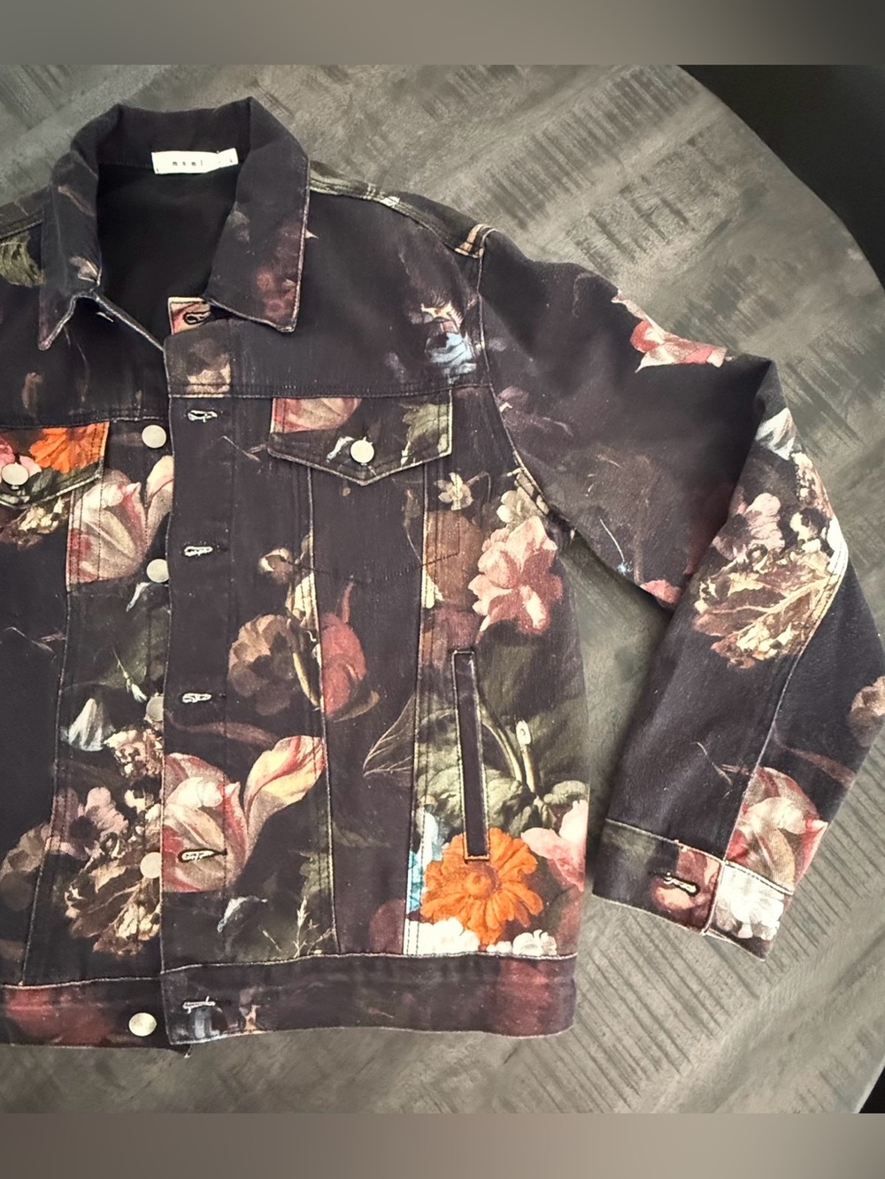 MNML Black Floral Print Denim Jacket with Multicolor Blooms